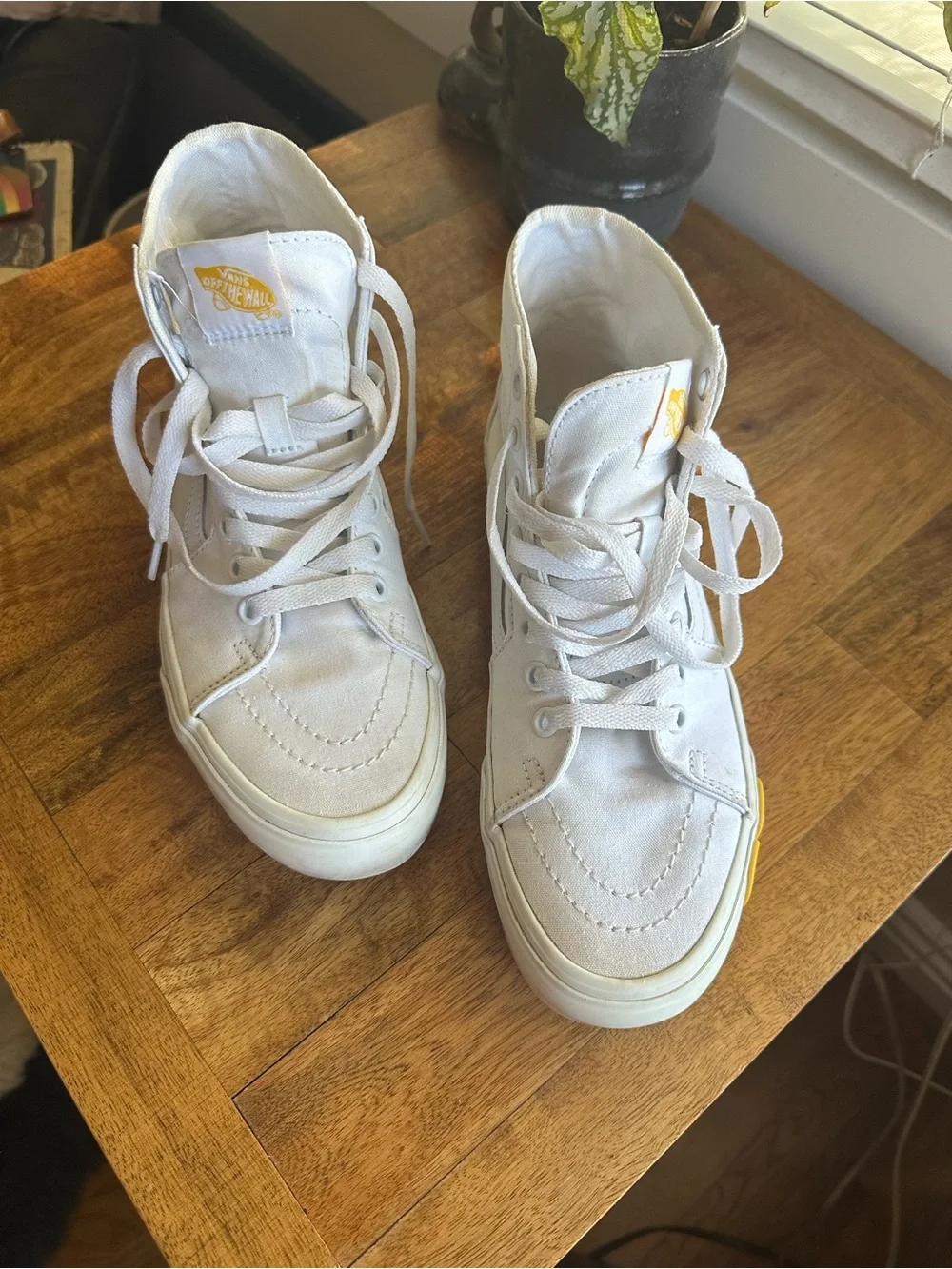 Vans White High-Top Platform Sneakers with Yellow Daisy Flower Accents